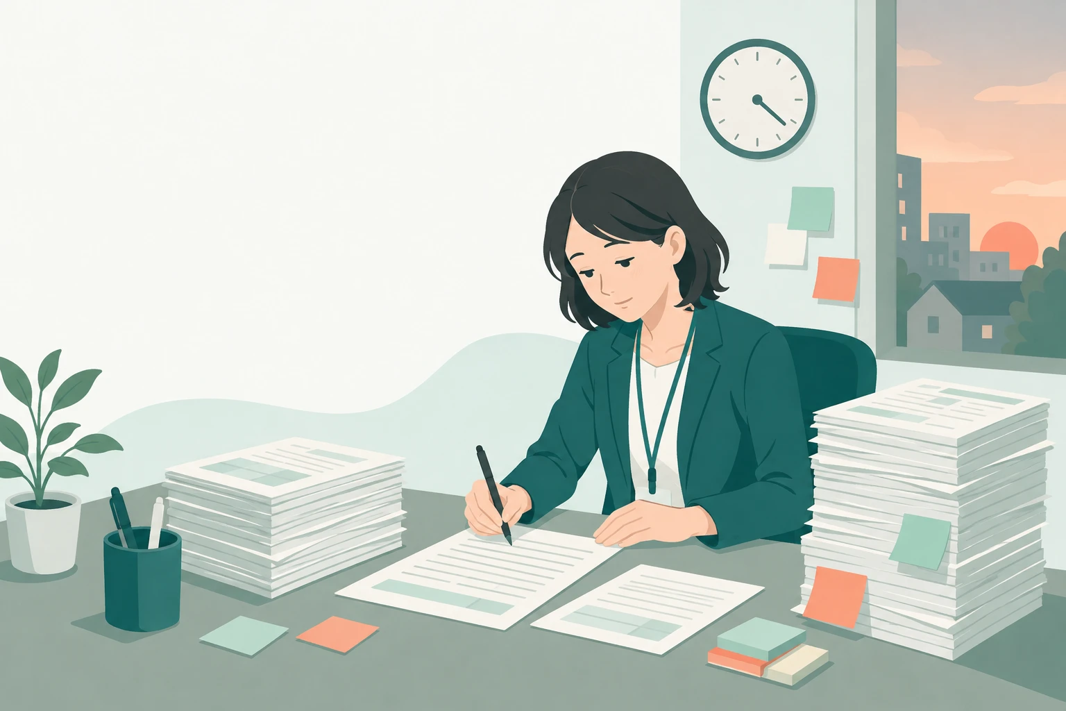 夕方の事務所で書類の山に向かう相談員のイラスト