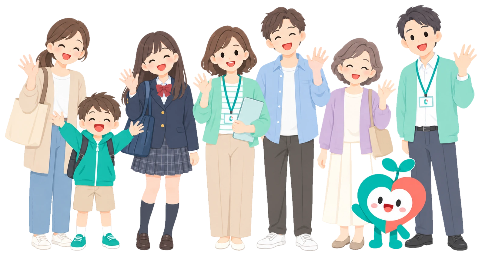 相談員と、さまざまな年代の利用者、ソダケアのキャラクターが並んで手をふっているイラスト