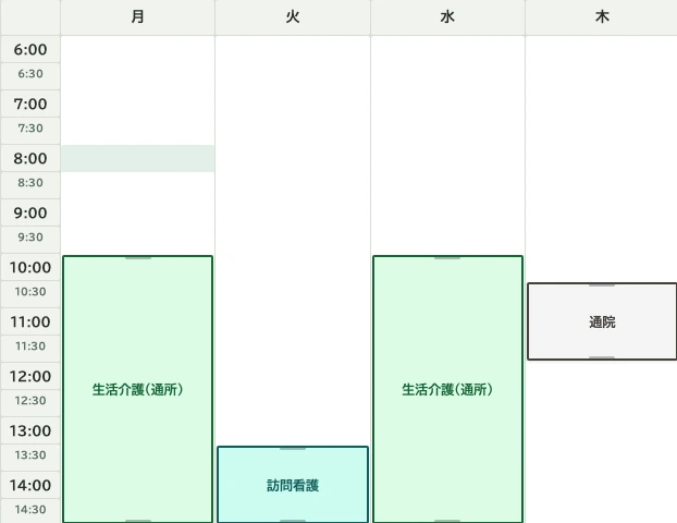 週間計画表の画面。月曜から金曜の時間割に、生活介護（通所）・訪問看護・通院の予定が色分けで置かれている。